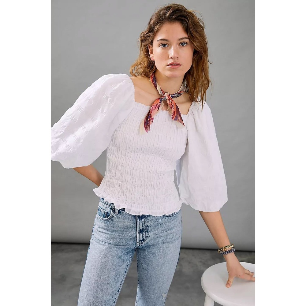 Anthropologie Maeve Bree Cropped Blouse Smocked Top S Cottage Puff Sleeve White